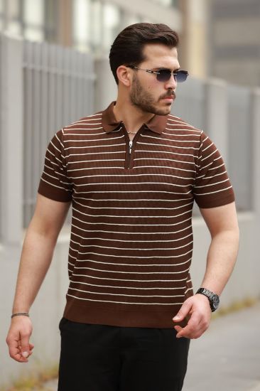 Erkek Fermuar Yakalı çizgili Kısa Kollu T-shirt resmi